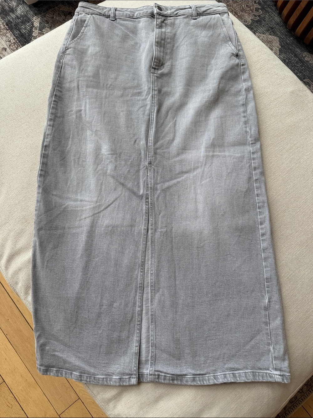 Gray Denim Midi Skirt with Front Slit